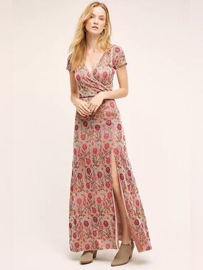 Cecilia Prado Pink Floral Wrap Maxi Sweater Dress Size M Short Sleeve Side Slit